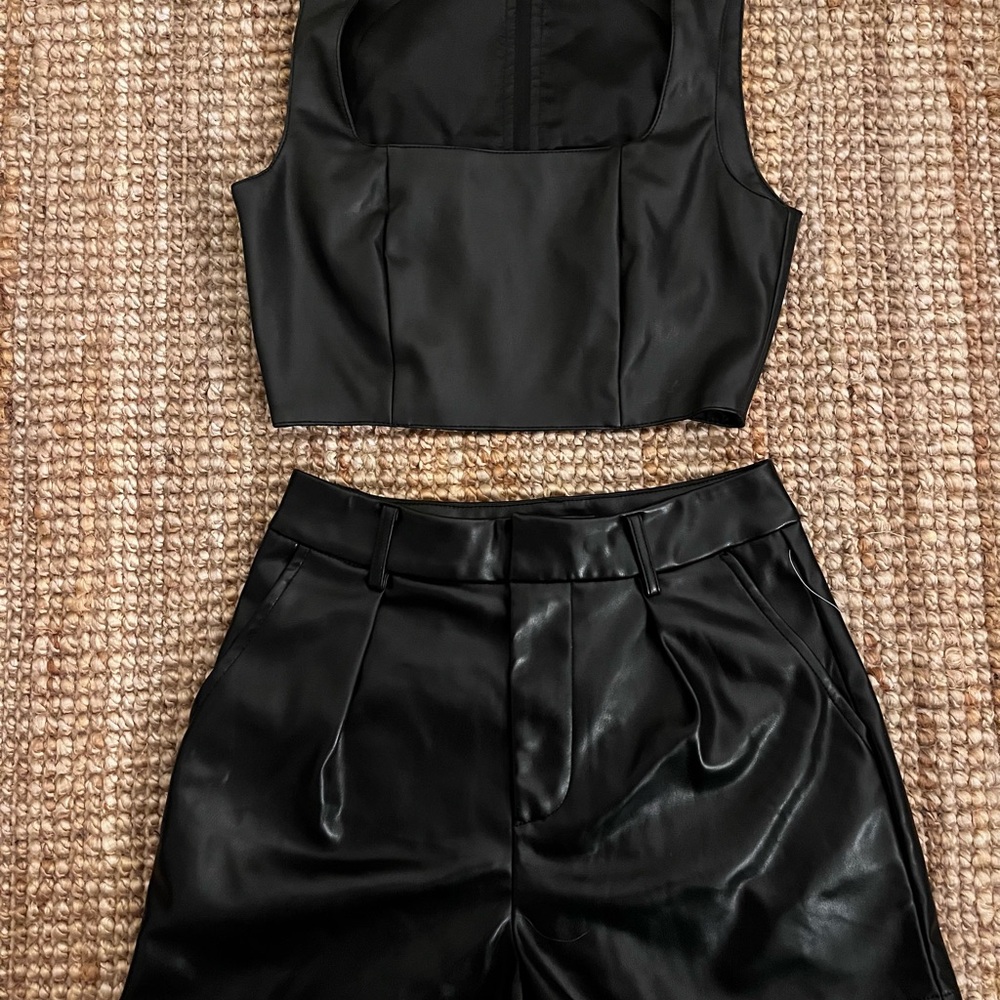 SOLD 7 For All Mankind Black Faux Leather Crop Top and Shorts Set